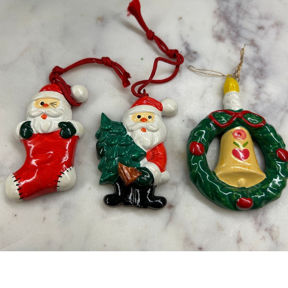 Vintage GHC Korea Ceramic Christmas Ornaments Set 3 Santa Wreath Bell Stocking